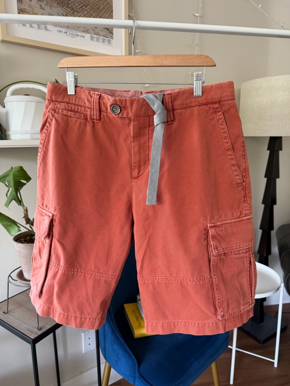 Brunello Cucinelli Rust Orange Cargo Shorts with Grey Drawstring
